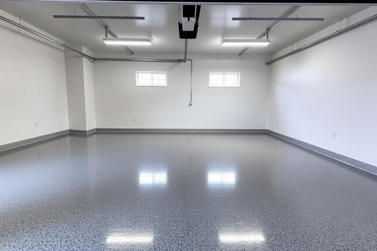 Finished gray flake epoxy garage floor after installation in Fairfield County, CT