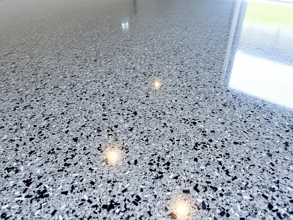 Gray and black full flake epoxy garage floor with a high gloss topcoat in Connecticut